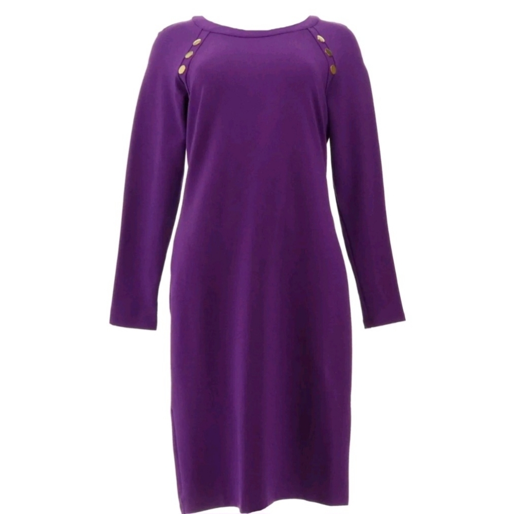 IMAN Global Chic PURPLE  Fitted Ponte Dress with Button Detail SIZE small NWT